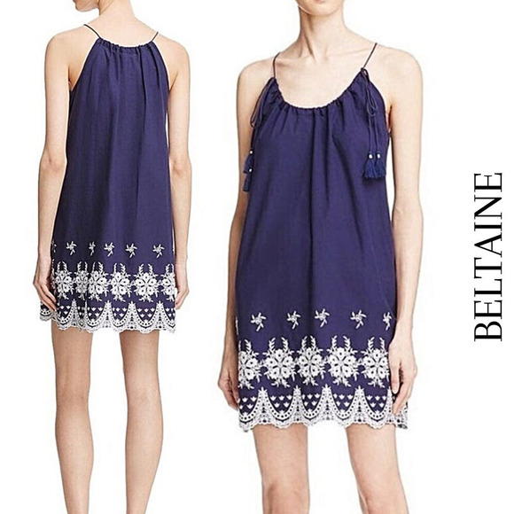 Beltaine NEW Spaghetti Strap Cotton Mini Dress Navy with White Embroider… - Picture 1 of 13